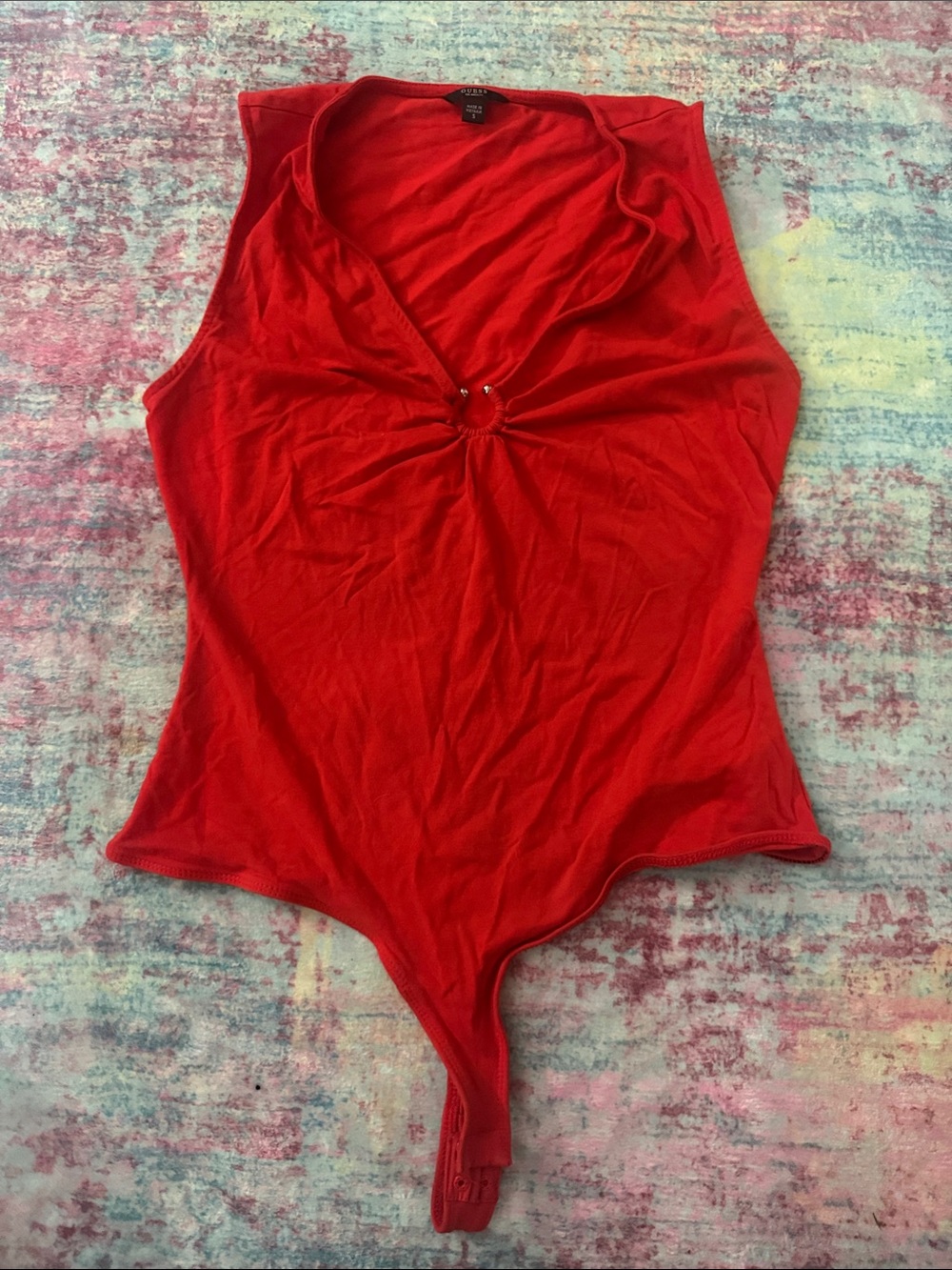 Guess Red Sleeveless Ring-Front V-Neck Bodysuit